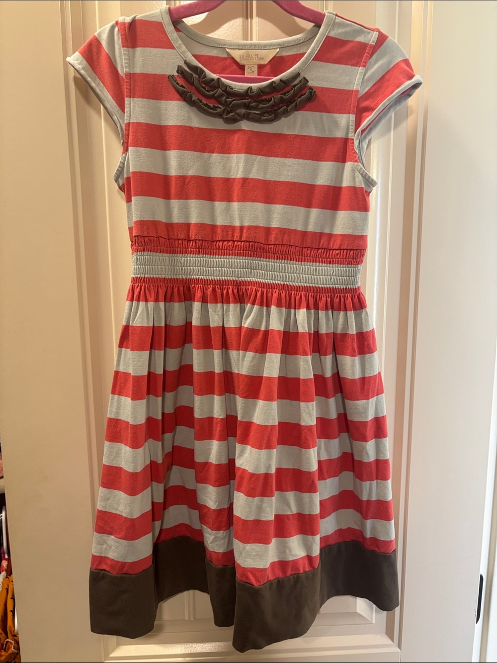 Matilda Jane Coral and Light Blue Striped Knit Dress with Brown Hem